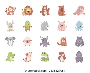 Cute animal character set showcasing scandinavian cartoon style with farm sea domestic creatures and friendly emotions for yours illustration and creative designs projects