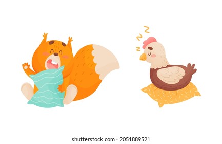 Cute Animal Character Sleeping on Pillow and Yawning Vector Set
