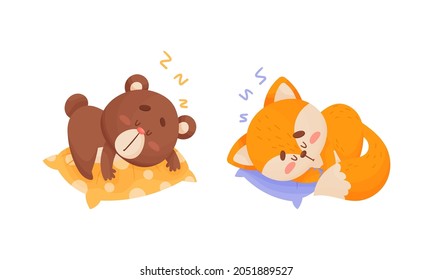 Cute Animal Character Sleeping on Soft Pillow Vector Set