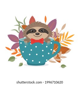Cute animal character Sloth is sitting in a cup against the background of autumn leaves