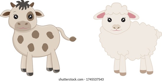 Cute animal character. Smiling cow and sheep illustration isolated on white background.