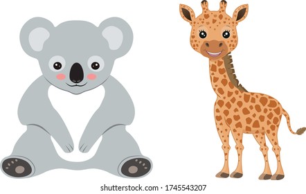 Cute animal character. Smiling koala and giraffe illustration isolated on white background.