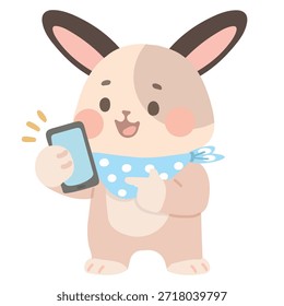 Cute animal character using a smart device showing communication social media technology lifestyle connection modern digital interaction and playful mascot concept