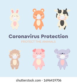 Cute animal character wearing medical mask on sky blue background. Coronavirus (COVID-19) Vector Illustration. Vector illustration for prevention the spread of bacteria,coronviruses