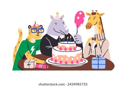 Cute animal characters at birthday party, celebrating with holiday cake, balloon and gifts. Funny comic friends at bday celebration. Flat graphic vector illustration isolated on white background