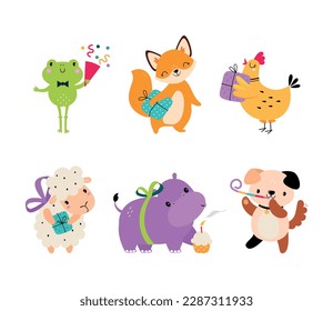 Cute Animal Characters Celebrating Birthday Holiday with Whistle and Gift Box Vector Set