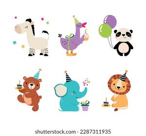 Cute Animal Characters Celebrating Birthday Holiday with Cake, Gift and Balloons Vector Set