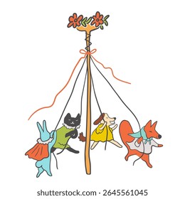cute animal characters celebrating mid summer in hand drawn style in vector. elements for decor postcard design print sticker poster background