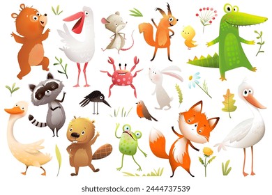 Cute animal characters collection for kids illustration book. Playful squirrel, bear, rabbit, fox crocodile birds, raccoon and many more. Vector animals characters collection for children story.