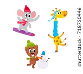 Cute animal characters doing winter activities - snowboarding, ice skating, making snowman, cartoon vector illustration isolated on white background. Set of baby animal characters having fun in winter