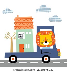 Personajes animales lindos que conducen el coche Pequeño a lo largo de la ilustración simple del paisaje de la carretera. Concepto de transporte de niños
