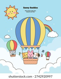 Cute animal characters flying in a hot air balloon vector illustration