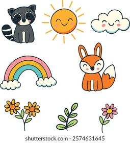 Cute Animal Characters. Cute Fox, Raccoon, Sun, Cloud and Flowers Characters. Whimsical Nature