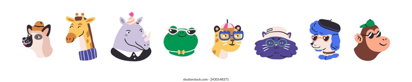 Cute animal characters, funny head portraits set. Modern cool sassy avatars. Happy funky fashion stylish giraffe, frog, cat, dog, monkey faces. Flat vector illustrations isolated on white background