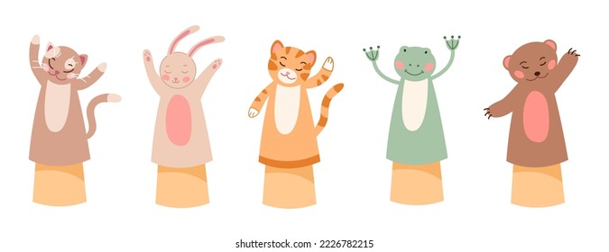 Cute animal characters as hand puppets vector illustrations set. Adorable comic cat, bunny, tiger, frog and bear dolls or toys isolated on white background. Entertainment, childhood concept