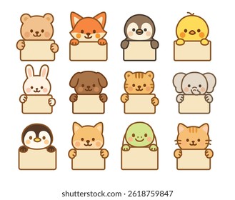 Cute Animal Characters Holding Blank Signs Illustration Set