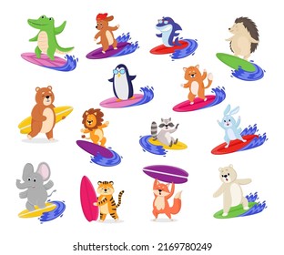 Personajes animales en el juego de ilustraciones de dibujos animados en tablas de surf. Tiburón divertido, león, cocodrilo, oso, elefante, conejo y gato surf, disfrutando de actividades al aire libre. Concepto de deporte en aguas extremas