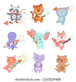 Cute animal characters with party poppers set, design template can be used for New Year or Christmas, Birthday card, banner, poster, holiday decoration vector Illustration
