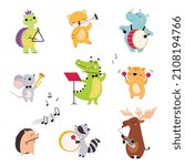 Cute Animal Characters Playing Musical Instruments Performing Concert Vector Set