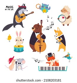 Cute Animal Characters Playing Musical Instruments Performing Concert Vector Set