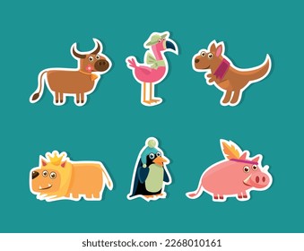 Cute Animal Characters with Pretty Snout Vector Sticker Set.