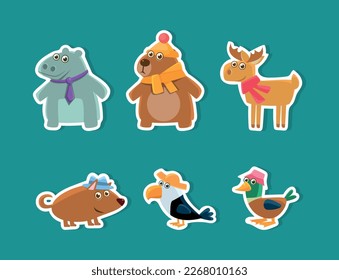 Cute Animal Characters with Pretty Snout Vector Sticker Set.