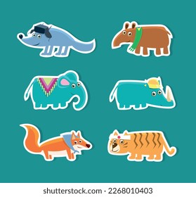 Cute Animal Characters with Pretty Snout Vector Sticker Set.