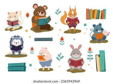 Cute animal characters read book. School library literature education concept. Vector flat graphic design illustration