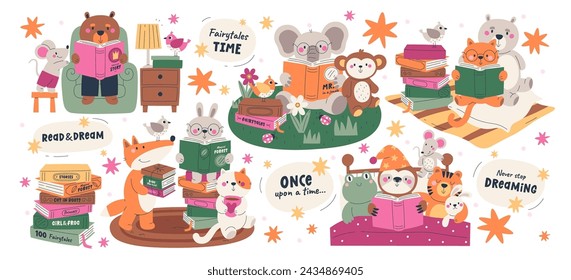 Lindos personajes animales leyendo libros disfrutando del tiempo de cuento de hadas juntos conjunto ilustración vectorial. Alegres criaturas inteligentes que aprenden y estudian en casa, en la biblioteca o la librería. Concepto de educación