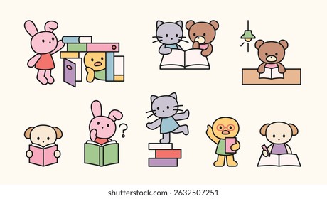 Cute animal characters reading, writing, and learning with books in playful and curious poses.
