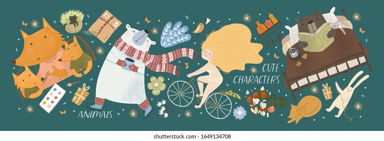 Cute animal characters in scandinavian style. Vector illustration with fox family draws, polar bear drinks hot drink, girl on bicycle, bear reads book in bed. Drawings for a card, poster or postcard