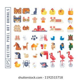 Cute animal characters set, pixel art icons, animals and tropical birds design element of app, logo, sticker. Cats, bunny and chicken. Game assets 8-bit sprite sheet. Isolated vector illustration.