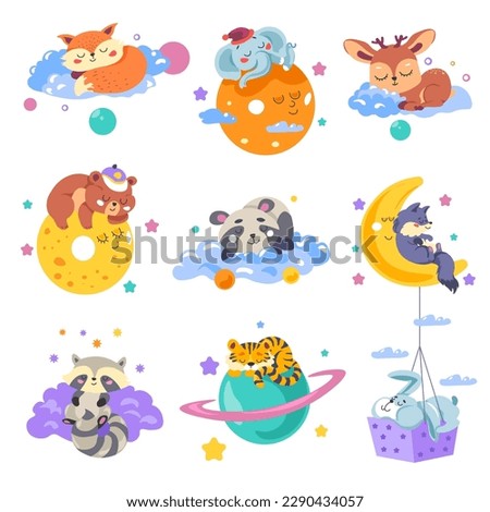Cute animal characters sleeping on moon, cloud or planet. Isolated personages resting, nursery decoration or children room adornment. Raccoon and fox, deer and elephant. Vector in flat style