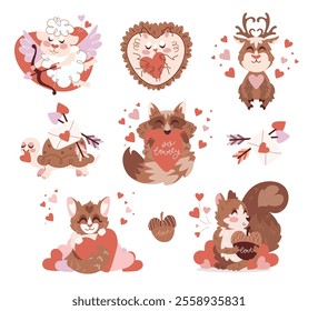 Cute animal characters for Valentines Day. Hand drawn cartoon animals in love with hearts. Cupid sheep, hedgehog, raccoon, fox, squirrel, turtle and reindeer. Flat isolated vector illustration.