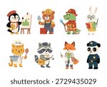 Cute Animal Characters in Various Professions Cartoon Vector Set