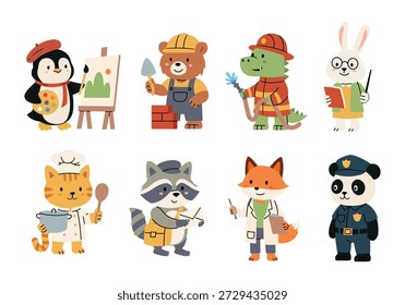 Personagens de animais bonitos em várias profissões Cartoon Vetor Set