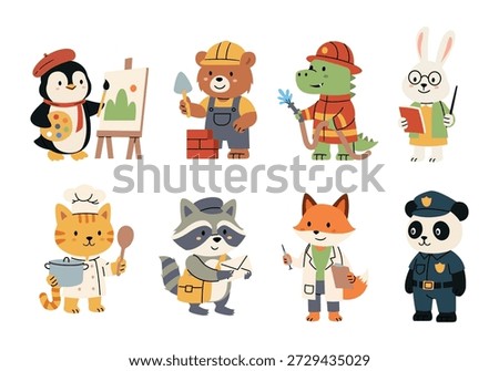 Cute Animal Characters in Various Professions Cartoon Vector Set