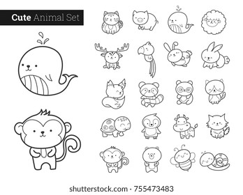 Cute Animal Characters Vector Set.