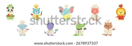 Cute Animal Chef Characters in Uniform Cooking Tasty Dish Vector Set
