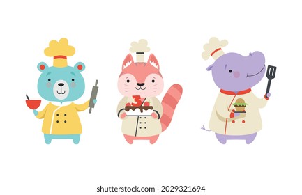 Cute Animal Chefs Characters Set, Bear, Cat, Hippo in Uniform Cooking Tasty Dishes Cartoon Vector Illustration