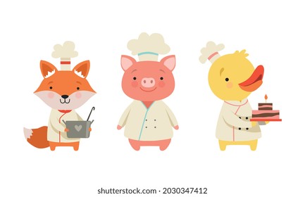 Cute Animal Chefs Characters Set, Fox Cub, Piglet, Duckling in Uniform Cooking Tasty Dishes Cartoon Vector Illustration