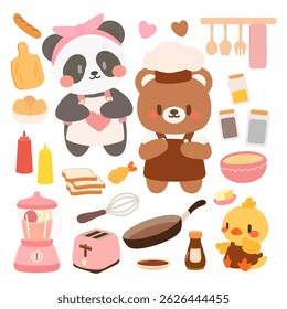Cute Animal Chefs Cooking Set. Kawaii Kitchen Vector Illustration. Kawaii Cooking Scene with Animal Characters.