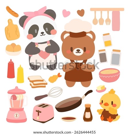 Cute Animal Chefs Cooking Set. Kawaii Kitchen Vector Illustration. Kawaii Cooking Scene with Animal Characters.