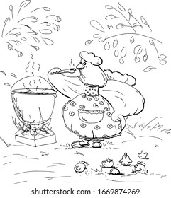 Cute animal a chicken cooks food, the chickens hatched, for coloring book cartoon hand drawn vector illustration. Can be used for t-shirt print, kids wear fashion design, baby shower invitation card