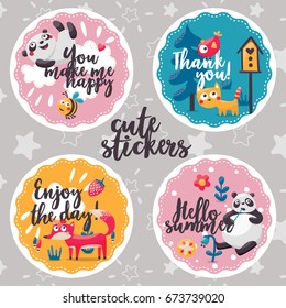 Cute animal child stickers with Panda, cat, bird, fox, plant, bee, cloud, flower, tree, smile, kid