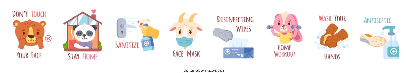 Cute animal children corona virus prevention measures set. Sanitizer, antiseptic, stay at home, wash hands, wear face mask, disinfecting wipes, Funny kids sticker poster. Flat vector illustration