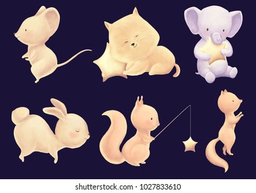 Cute animal children print. Rabbit, cat, mouse, squirrel, elephant, fox night card. Illustration for kids birthday party, baby shower or childish design.