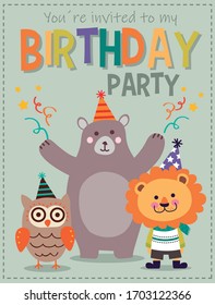 Cute Animal Children Theme Birthday Invitation Card. Vector Illustration.