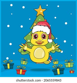 Cute Animal Christmas With Duck Character Design, Wearing Sock And Hat Christmas. Woodland Background. Perfect For Background, Greeting Card, Label and Icon. Vector and Illustration.