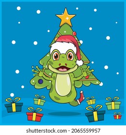 Cute Animal Christmas With Frog Character Design, Wearing Sock And Hat Christmas. Woodland Background. Perfect For Background, Greeting Card, Label and Icon. Vector and Illustration.